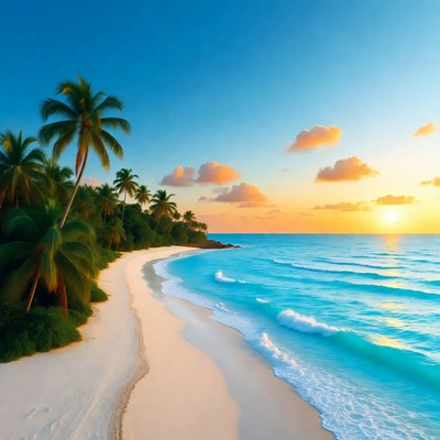 Tropical Beach at Sunset with Palms