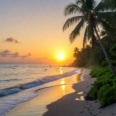 Sunset over tropical beach with palm trees