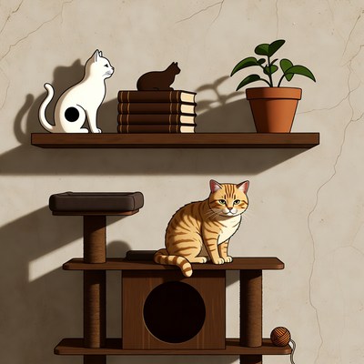 Cute Cats on Bookshelf and Scratching Post