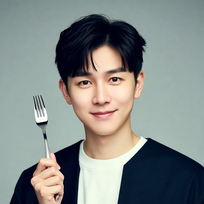 Asian man holding fork