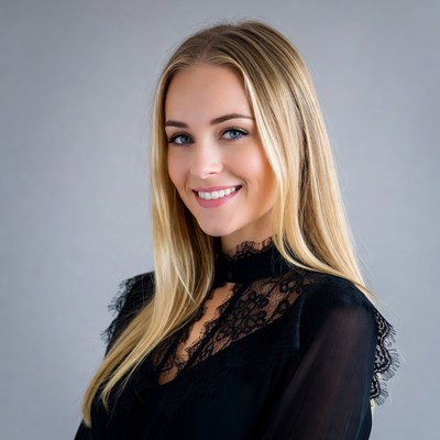 Smiling blonde woman in lace blouse