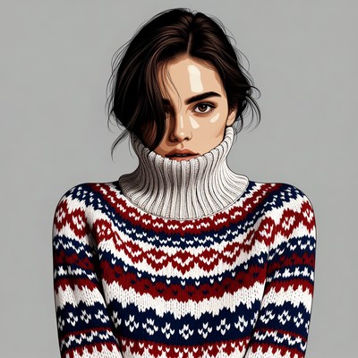 Woman in red white turtleneck sweater