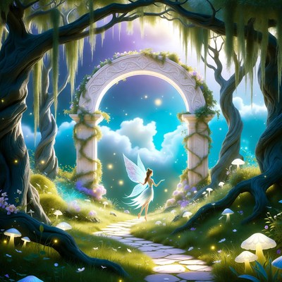Fairy walking through enchanted forest arch
