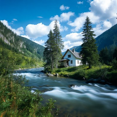 White Chalet by Mountain River