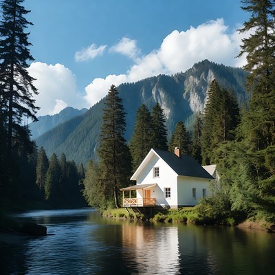White house by lake and mountains