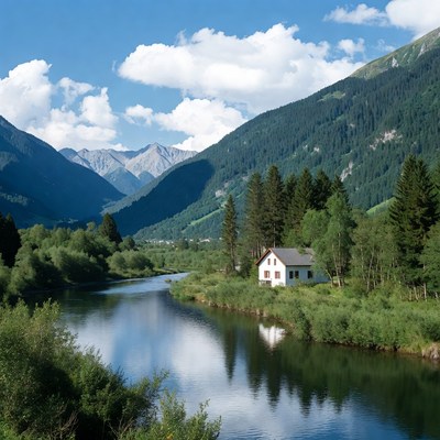 White house by river in mountains