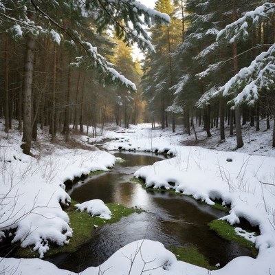 Snowy Forest with Winding Stream