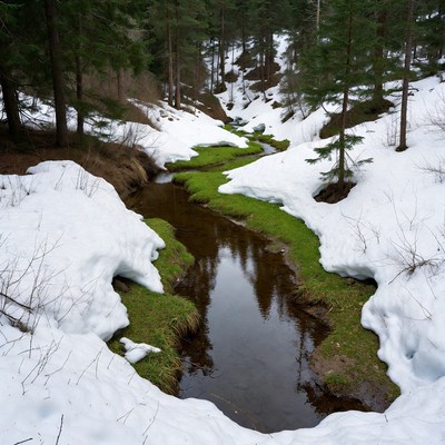 Snowy Stream in Forest