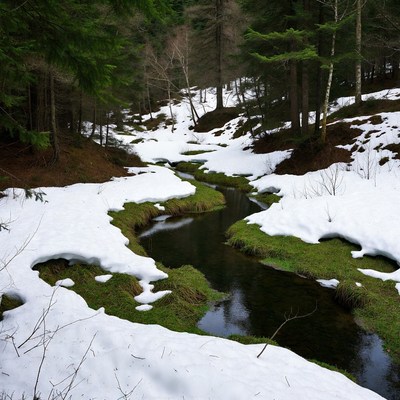 Snowy Stream in Dense Forest