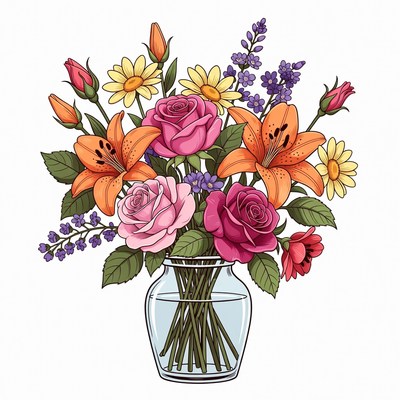 Colorful Flower Bouquet in Glass Vase
