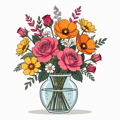 Colorful Flower Bouquet in Glass Vase