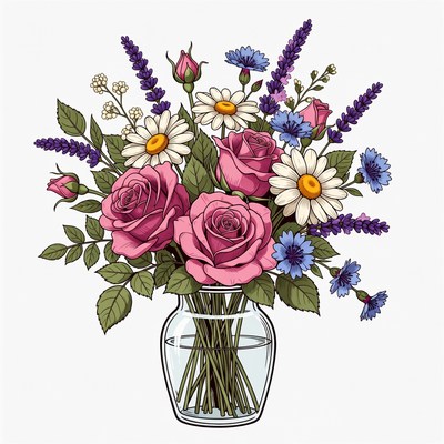 Colorful Flower Bouquet in Glass Vase