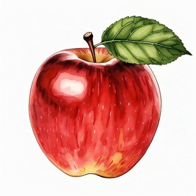 Red Apple with Green Leaf
