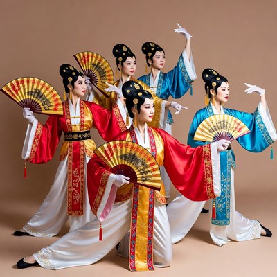Six Asian women in Chinese fan dance