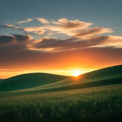 Sunset over green rolling hills