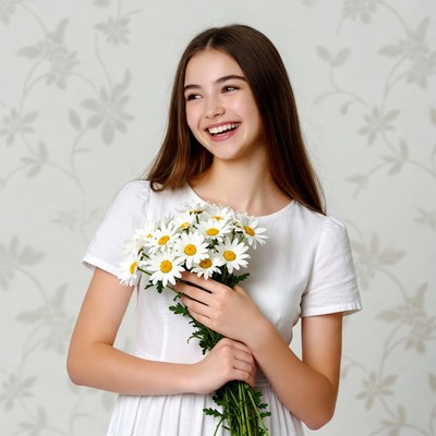 Girl holding daisies smiling