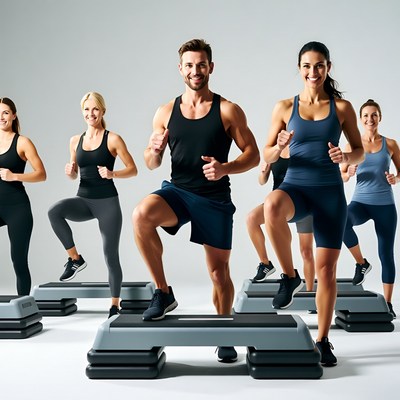Group doing step aerobics workout