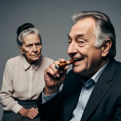 Elderly man smoking cigar with wife