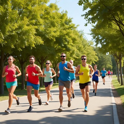 Group of runners jogging on park path