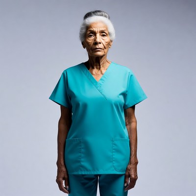 Elderly Asian woman in scrubs
