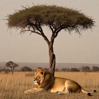 Lion resting under acacia tree