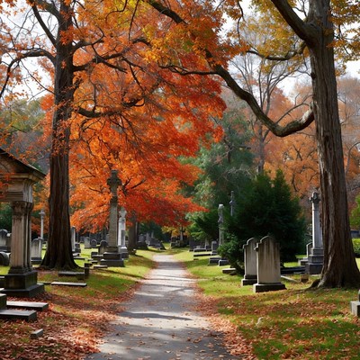 Autumn Cemetery Path with Gravestones