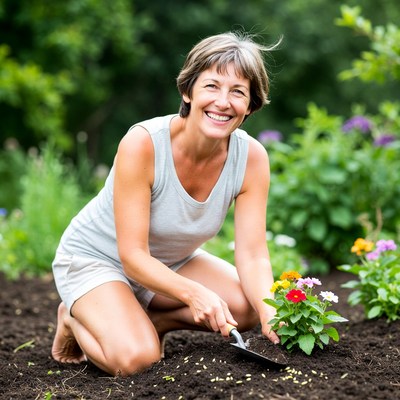 Smiling woman planting flowers in garden