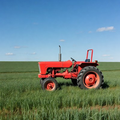 Red tractor in green field