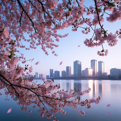 Cherry Blossoms Over City Skyline