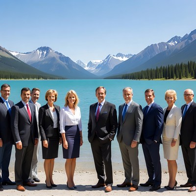 Business professionals group by mountain lake