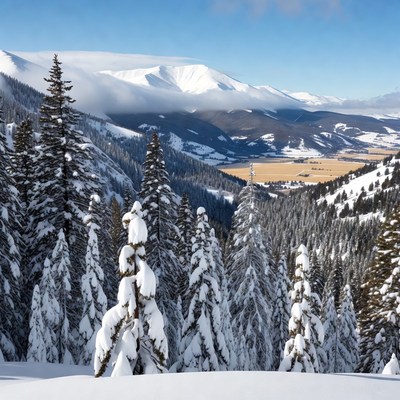Snowy Pine Forest Mountain Valley