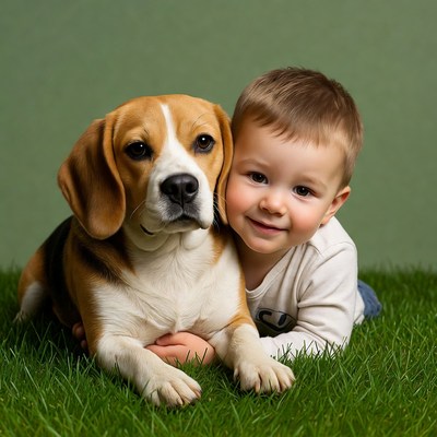 Boy hugging beagle on grass
