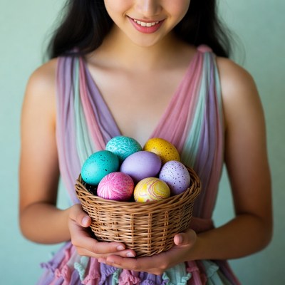 Asian girl holding colorful Easter eggs