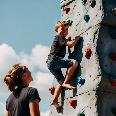 Boy climbing rock wall with mom watching