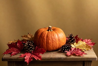 Pumpkin with Autumn Leaves and Pinecones