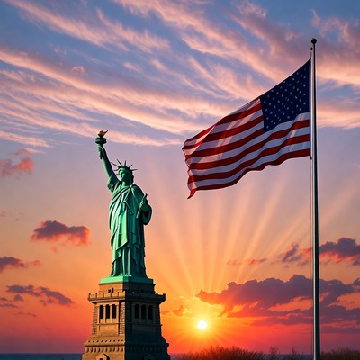 Statue of Liberty with American Flag at Sunset