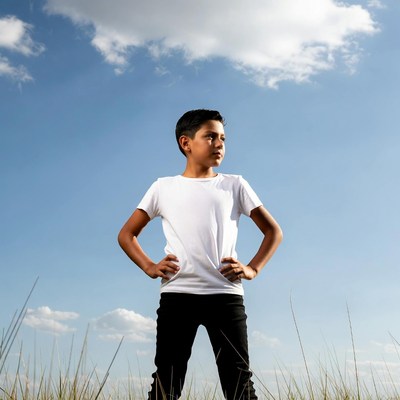 Young boy standing confidently in grass