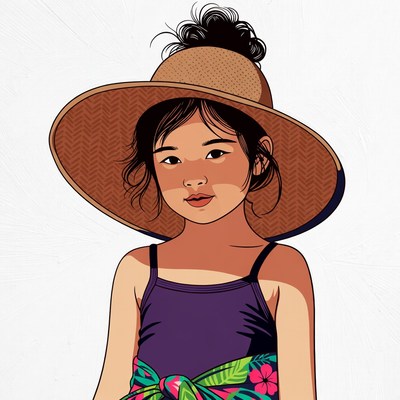 Asian girl wearing straw hat