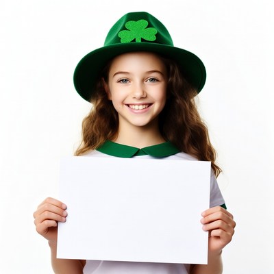 Girl holding blank sign in shamrock hat