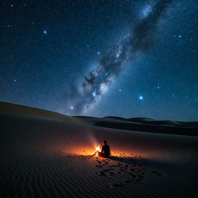 Man by campfire under Milky Way desert
