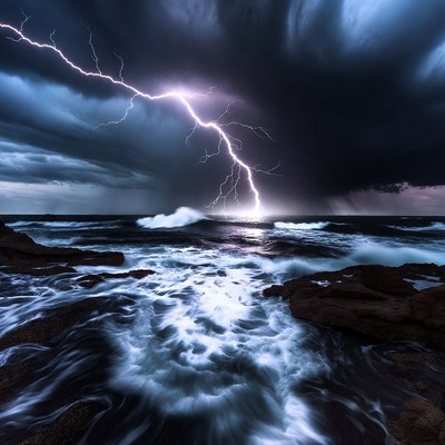 Lightning Storm Over Ocean Rocks