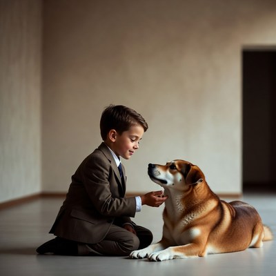 Boy in suit petting dog