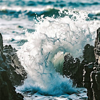 Ocean Wave Crashing on Rocks