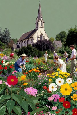 People gardening in vibrant flower garden with church