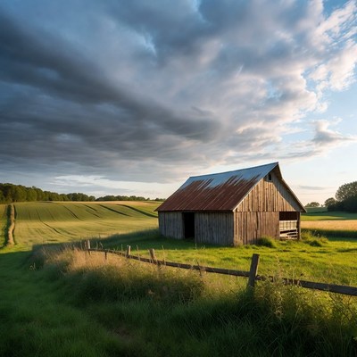 Rusty Barn in Green Rolling Fields