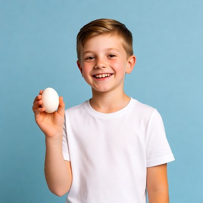 Boy holding white egg