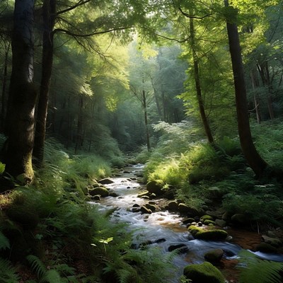 Sunlit Forest Stream with Mossy Rocks