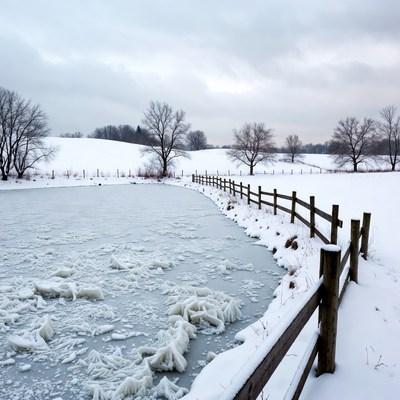 Frozen Pond with Wooden Fence in Snowy Field