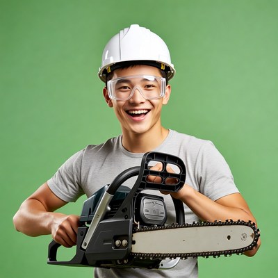 Asian man holding chainsaw