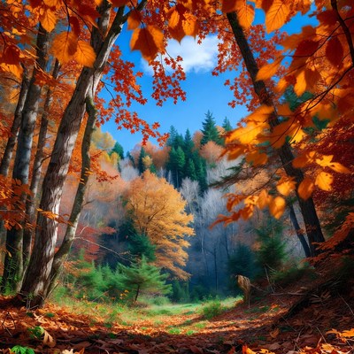 Autumn Forest Path with Orange Leaves